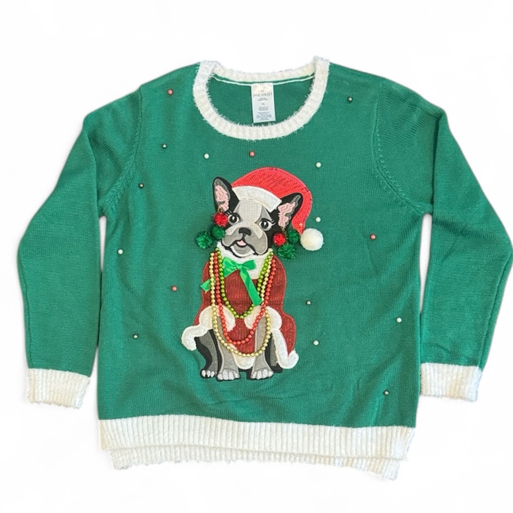 99 JANE STREET UGLY SWEATER CHRISTMAS BULLDOG XL GREEN RED BEADS NECKLACE POMPOM